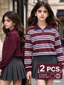 SHEIN 青少年女孩 2件套休閒端莊純色酒紅半拉鍊套頭上衣與復古百褶裙套裝，學院風秋季校園活動穿搭 - 酒紅色 - 查看 8
