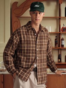 SWAVVY 1pc Ultra Loose Cotton Plaid Print Drop Shoulder Shirt - Brown - View 3