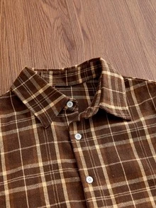 SWAVVY 1pc Ultra Loose Cotton Plaid Print Drop Shoulder Shirt - Brown - View 6