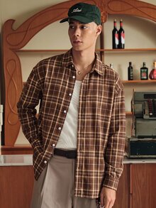 SWAVVY 1pc Ultra Loose Cotton Plaid Print Drop Shoulder Shirt - Brown - View 2