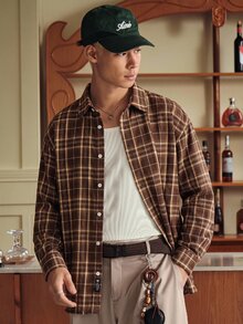 SWAVVY 1pc Ultra Loose Cotton Plaid Print Drop Shoulder Shirt - Brown - View 1