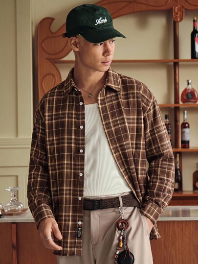 SWAVVY 1 pieza Camisa de algodón ultra holgada con estampado a cuadros y hombros caídos