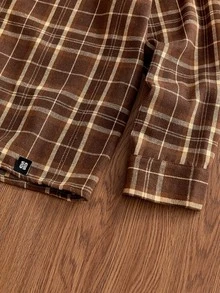 SWAVVY 1pc Ultra Loose Cotton Plaid Print Drop Shoulder Shirt - Brown - View 7