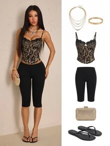 SHEIN PETITE Stylish And Sexy Two Pieces Set For Petite Women: Black Leopard-Print Top And Cropped Trousers. - Multicolor - View 6
