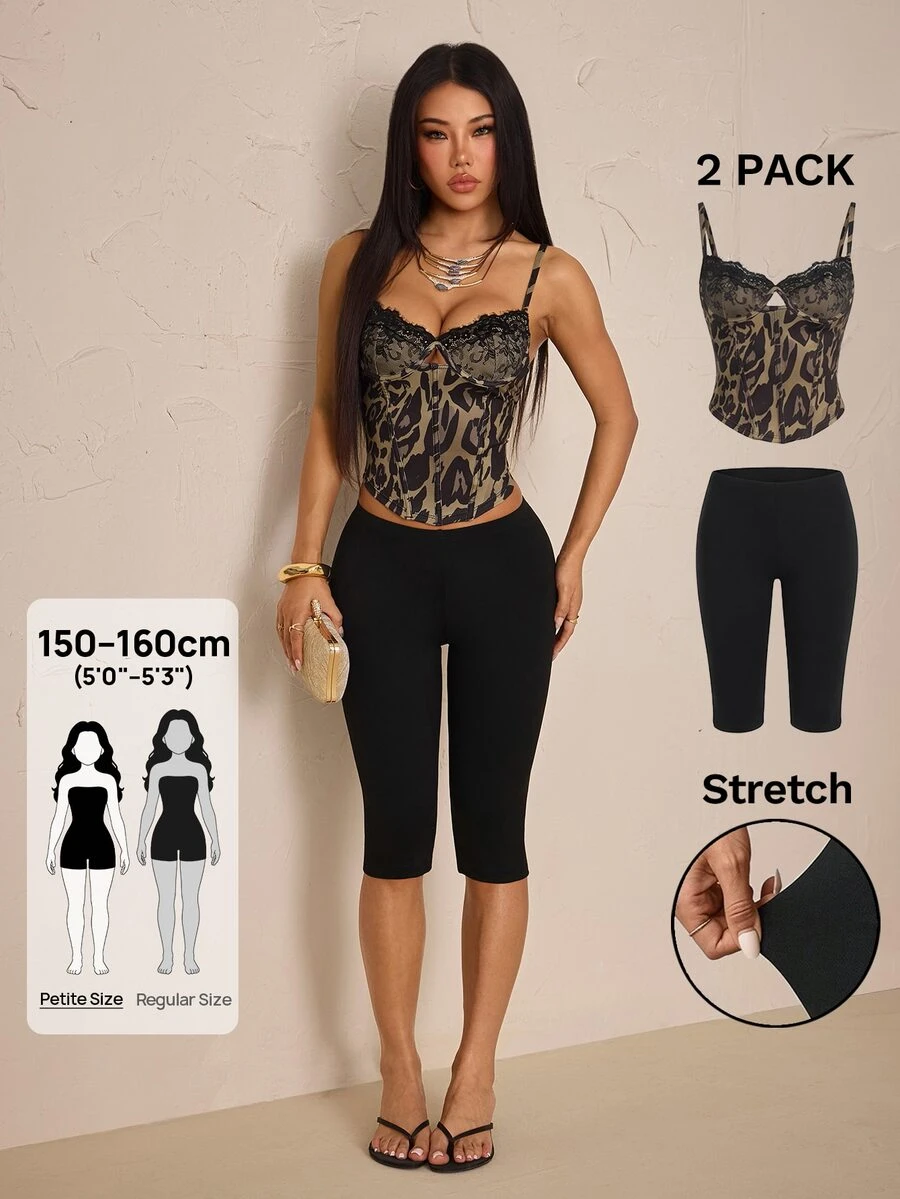 SHEIN PETITE Setelan Dua Potong yang Stylish dan Seksi untuk Wanita Bertubuh Mungil: Atasan Motif Leopard Hitam dan Celana Pendek. - MultiWarna - View 1