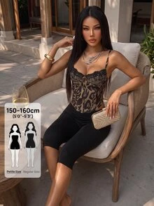 SHEIN PETITE Stylish And Sexy Two Pieces Set For Petite Women: Black Leopard-Print Top And Cropped Trousers. - Multicolor - View 1