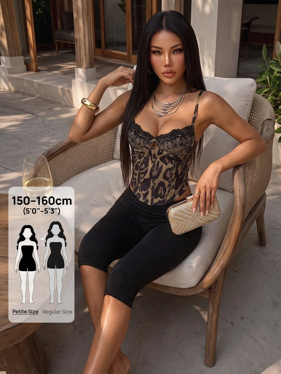 SHEIN PETITE Stylish And Sexy Two Pieces Set For Petite Women: Black Leopard-Print Top And Cropped Trousers. - Multicolor - View 1