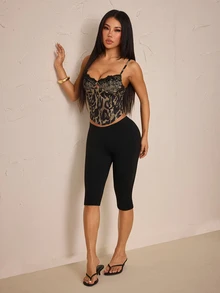 SHEIN PETITE Stylish And Sexy Two Pieces Set For Petite Women: Black Leopard-Print Top And Cropped Trousers. - Multicolor - View 3