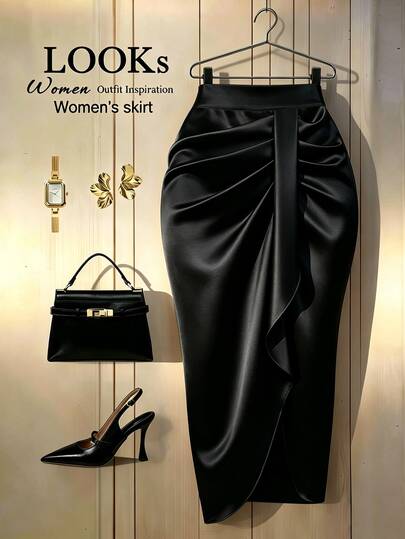 GlowEve CURVE Plus Size Women's Solid Color Pleated Casual Versatile Daily Wear Skirt Fall
