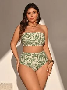 Swim Vcay 2026新款夏季沙滩加大码女士优雅浪漫波西米亚热带树叶印花挂脖比基尼套装，适合沙滩、度假、下午茶、野餐、派对、日常穿着 - 綠色 - 查看 5