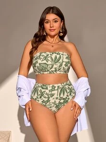 Swim Vcay 2026新款夏季沙滩加大码女士优雅浪漫波西米亚热带树叶印花挂脖比基尼套装，适合沙滩、度假、下午茶、野餐、派对、日常穿着 - 綠色 - 查看 4