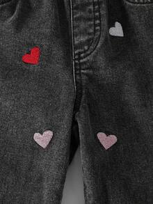 SHEIN Genkimix Kids Girls' Denim Jeans, All-Season New Style, Cute & Playful Design, Elastic Waistband, Multi-Color Heart Embroidery, Loose Straight Leg Fit, Fashionable & , Suitable For Daily Wear And Outings, All-Season New Girls' Denim Jeans - Black - View 6