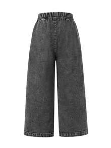 SHEIN Genkimix Kids Girls' Denim Jeans, All-Season New Style, Cute & Playful Design, Elastic Waistband, Multi-Color Heart Embroidery, Loose Straight Leg Fit, Fashionable & , Suitable For Daily Wear And Outings, All-Season New Girls' Denim Jeans - Black - View 2