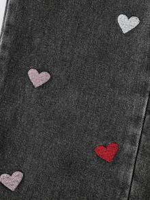 SHEIN Genkimix Kids Girls' Denim Jeans, All-Season New Style, Cute & Playful Design, Elastic Waistband, Multi-Color Heart Embroidery, Loose Straight Leg Fit, Fashionable & , Suitable For Daily Wear And Outings, All-Season New Girls' Denim Jeans - Black - View 7