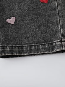 SHEIN Genkimix Kids Girls' Denim Jeans, All-Season New Style, Cute & Playful Design, Elastic Waistband, Multi-Color Heart Embroidery, Loose Straight Leg Fit, Fashionable & , Suitable For Daily Wear And Outings, All-Season New Girls' Denim Jeans - Black - View 8