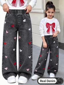 SHEIN Genkimix Kids Girls' Denim Jeans, All-Season New Style, Cute & Playful Design, Elastic Waistband, Multi-Color Heart Embroidery, Loose Straight Leg Fit, Fashionable & , Suitable For Daily Wear And Outings, All-Season New Girls' Denim Jeans - Black - View 3