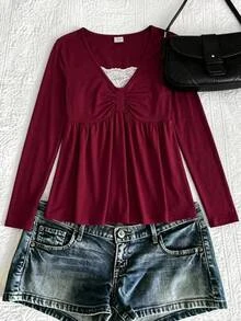 SHEIN Kaos Lengan Panjang Kasual Rajut Warna Burgundy dengan Hiasan Renda untuk Remaja Perempuan - Merah - View 5