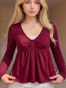 SHEIN Kaos Lengan Panjang Kasual Rajut Warna Burgundy dengan Hiasan Renda untuk Remaja Perempuan - Merah - View 7