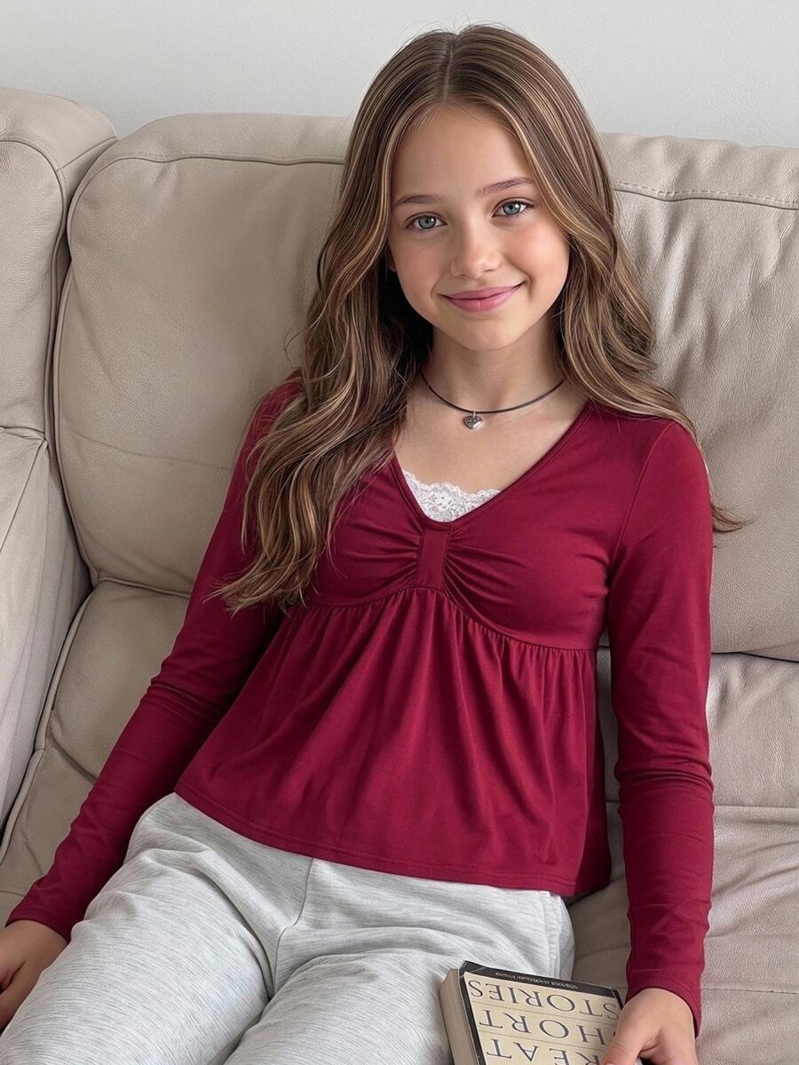 SHEIN Kaos Lengan Panjang Kasual Rajut Warna Burgundy dengan Hiasan Renda untuk Remaja Perempuan - Merah - View 1
