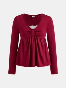 SHEIN Kaos Lengan Panjang Kasual Rajut Warna Burgundy dengan Hiasan Renda untuk Remaja Perempuan - Merah - View 3