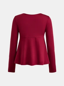 SHEIN Kaos Lengan Panjang Kasual Rajut Warna Burgundy dengan Hiasan Renda untuk Remaja Perempuan - Merah - View 4