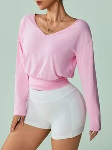 SHEIN Sovereign Charm تي شيرت رياضي نسائي بأكمام طويلة وياقة على شكل حرف V بلون موحد عصري - وردي - مشاهدة 3