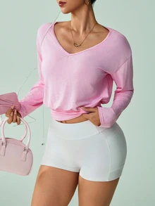 SHEIN Sovereign Charm تي شيرت رياضي نسائي بأكمام طويلة وياقة على شكل حرف V بلون موحد عصري - وردي - مشاهدة 5