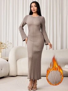 Veilorie Women's Solid Color Casual Elegant Daily Wear Knit Dress Office Everyday Taupe Fall - Khaki - View 1