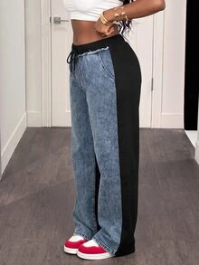 Slaydiva Plus-Size Women's High-Waisted, Loose-Fit, Wide-Leg Denim Jeans In Blue With Color-Block Lace-Up Detailing Fall Beach Club Baggy Kawaii Casual - Blue - View 4