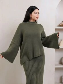 Veilorie طقم كاجوال نسائي بلون أخضر سادة يتكون من كنزة بأكمام طويلة وأكتاف منسدلة وتنورة محبوكة - أخضر - مشاهدة 4