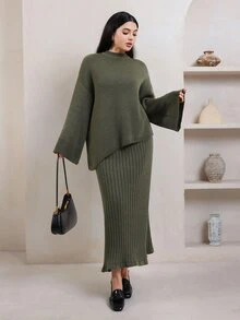 Veilorie طقم كاجوال نسائي بلون أخضر سادة يتكون من كنزة بأكمام طويلة وأكتاف منسدلة وتنورة محبوكة - أخضر - مشاهدة 7