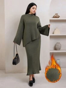 Veilorie طقم كاجوال نسائي بلون أخضر سادة يتكون من كنزة بأكمام طويلة وأكتاف منسدلة وتنورة محبوكة - أخضر - مشاهدة 1