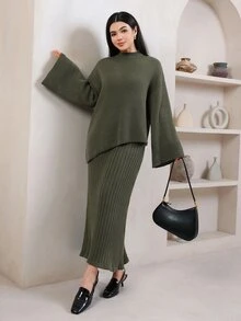 Veilorie طقم كاجوال نسائي بلون أخضر سادة يتكون من كنزة بأكمام طويلة وأكتاف منسدلة وتنورة محبوكة - أخضر - مشاهدة 5