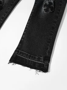 SHEIN Boys New Y2K Street Style Distressed Cross Patchwork Raw Hem Stacked Long Pants, Kids Autumn/Winter Vintage Washed Slim Fit Jeans - Black - View 6