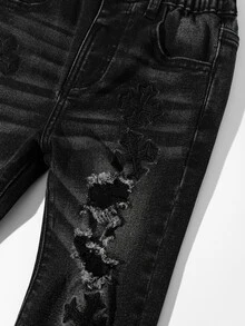 SHEIN Boys New Y2K Street Style Distressed Cross Patchwork Raw Hem Stacked Long Pants, Kids Autumn/Winter Vintage Washed Slim Fit Jeans - Black - View 5