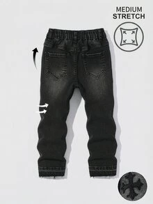 SHEIN Boys New Y2K Street Style Distressed Cross Patchwork Raw Hem Stacked Long Pants, Kids Autumn/Winter Vintage Washed Slim Fit Jeans - Black - View 2