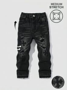 SHEIN Boys New Y2K Street Style Distressed Cross Patchwork Raw Hem Stacked Long Pants, Kids Autumn/Winter Vintage Washed Slim Fit Jeans - Black - View 3