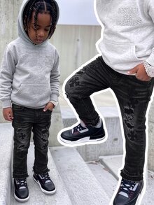SHEIN Boys New Y2K Street Style Distressed Cross Patchwork Raw Hem Stacked Long Pants, Kids Autumn/Winter Vintage Washed Slim Fit Jeans - Black - View 1