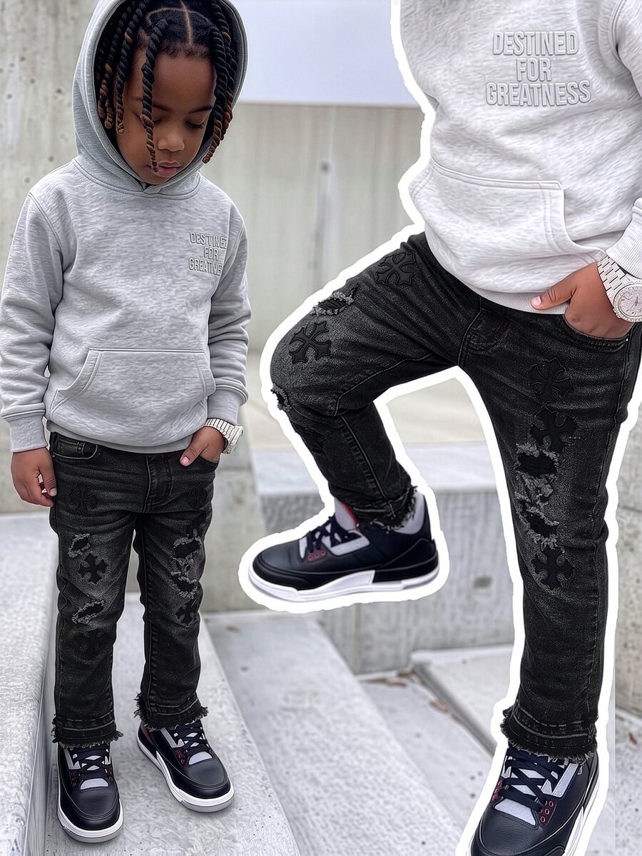 SHEIN Boys New Y2K Street Style Distressed Cross Patchwork Raw Hem Stacked Long Pants, Kids Autumn/Winter Vintage Washed Slim Fit Jeans - Black - View 1