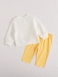 SHEIN Playful Pals 2件組新生女嬰休閒可愛蜜蜂與花朵3D裝飾長袖鈕扣針織開襟衫＋內搭褲套裝，適合秋冬日常外出 - 黃色 - 查看 2