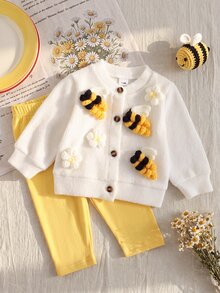 SHEIN Playful Pals 2件組新生女嬰休閒可愛蜜蜂與花朵3D裝飾長袖鈕扣針織開襟衫＋內搭褲套裝，適合秋冬日常外出 - 黃色 - 查看 6