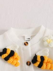 SHEIN Playful Pals 2件組新生女嬰休閒可愛蜜蜂與花朵3D裝飾長袖鈕扣針織開襟衫＋內搭褲套裝，適合秋冬日常外出 - 黃色 - 查看 11