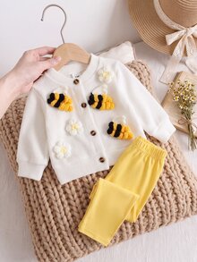SHEIN Playful Pals 2件組新生女嬰休閒可愛蜜蜂與花朵3D裝飾長袖鈕扣針織開襟衫＋內搭褲套裝，適合秋冬日常外出 - 黃色 - 查看 7