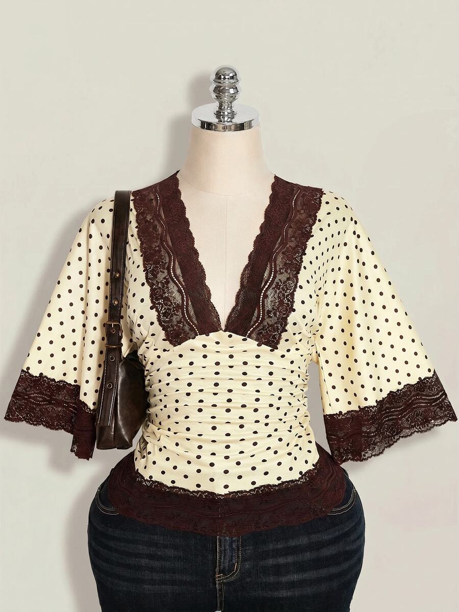 SHEIN ICON Plus Size Y2K Romantic Elegant Casual Polka Dot Sexy V-Neck Lace Patchwork Flare Sleeve Top Date Night Party White Summer - Yellow - View 1