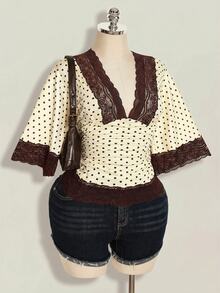 SHEIN ICON Plus Size Y2K Romantic Elegant Casual Polka Dot Sexy V-Neck Lace Patchwork Flare Sleeve Top Date Night Party White Summer - Yellow - View 10