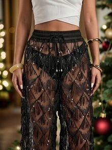 SHEIN EZwear 大尺碼性感透視亮片長褲，適合酒吧、度假與聖誕節 - 黑色 - 查看 6