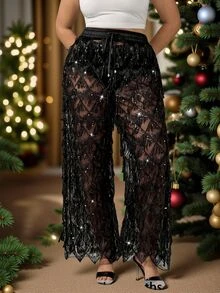SHEIN EZwear 大尺碼性感透視亮片長褲，適合酒吧、度假與聖誕節 - 黑色 - 查看 1