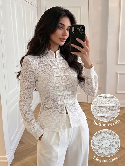 Modelyn Autumn White New Chinese Style Stand Collar Frog Button Lace Blouse For Women, Vintage Short Lantern Sleeve Lace Elegant Casual Fashion Shirt