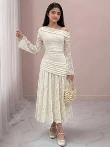 SHEIN Pitira 兒童青少年女孩不對稱領褶皺時尚派對蕾絲洋裝 優雅休閒仙女風洋裝 秋冬感恩節新年舞會適用 - 杏色 - 查看 3
