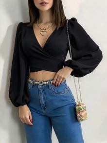 Elenzga 女款優雅長袖襯衫，燈籠袖與繫帶設計，秋季女裝 - 黑色 - 查看 3